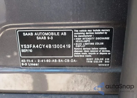 2011 Saab 9-3 from USA, damaged, VIN YS3FA4CY4B1300419